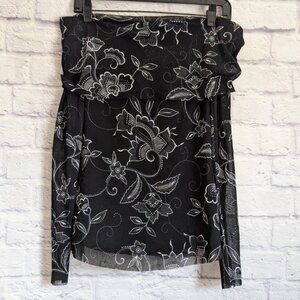 Vintage Y2K Off Shoulder Mesh Top S Black White Floral Long Sleeve Elana Kattan